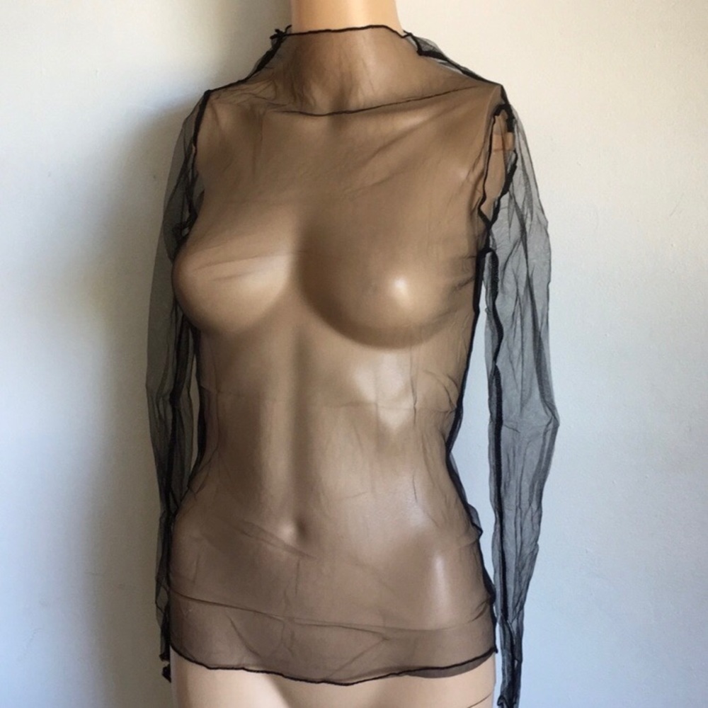 Y2K High Neck Black Sheer Tulle Long Sleeve Top